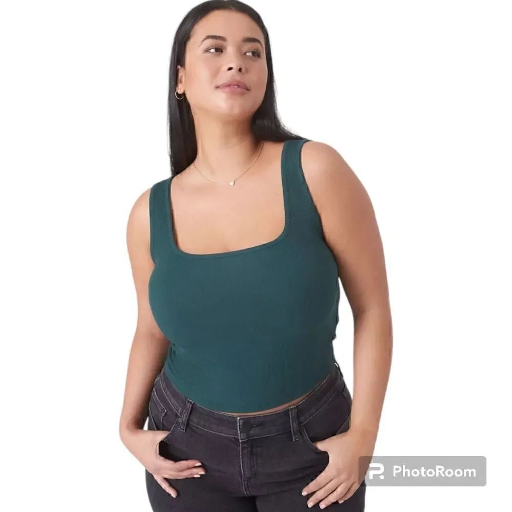 26W 28W Green Crop Square Neck Tank Ribbed Fitted Lane Bryant Plussize Jewel Ton